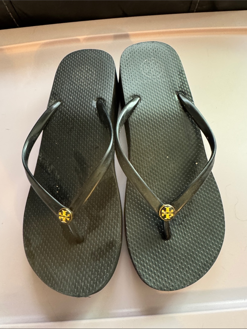 Tory Burch Black Flip Flop Sandals with Gold Logo Accent